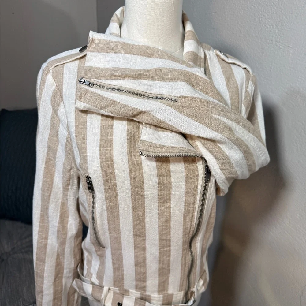 Lulus Striped Moto Jacket Cream Tan Asymmetrical Zip Lightweight Size L - Picture 9 of 12